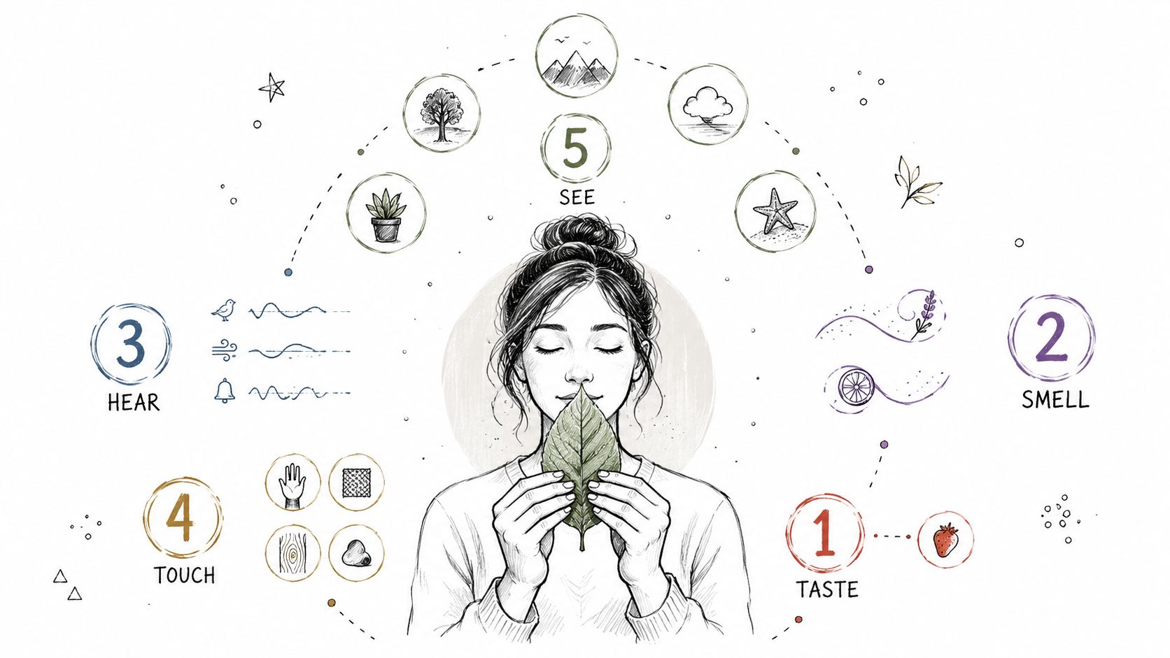 A woman practicing mindfulness with a leaf, surrounded by illustrations representing the five human senses.