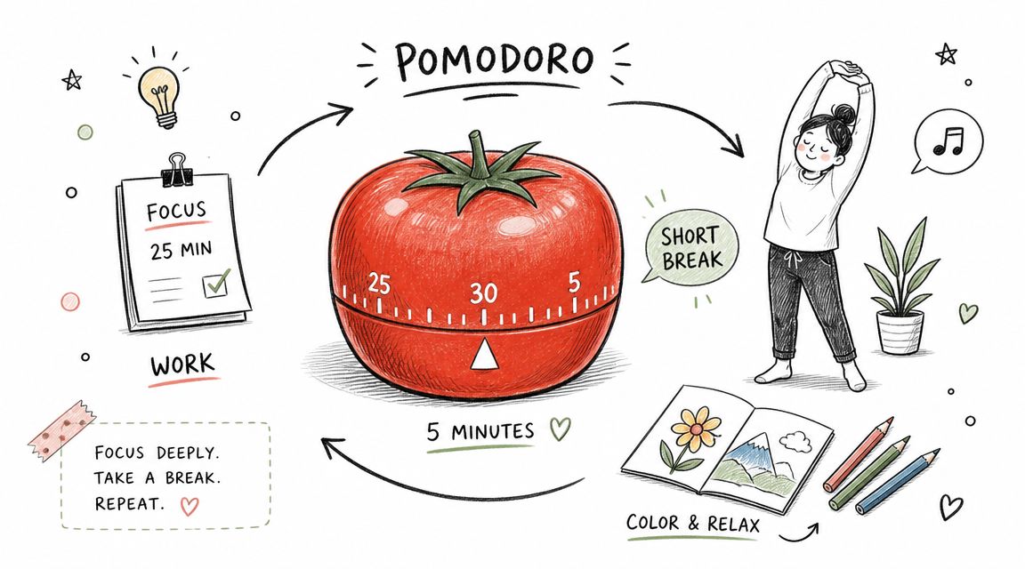 A hand-drawn illustration explaining the Pomodoro technique with a tomato timer, work focus, and break activities.