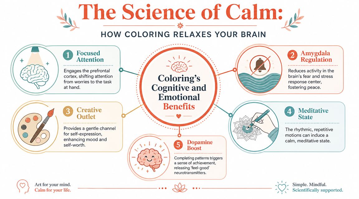 An infographic titled The Science of Calm explaining five cognitive and emotional benefits of therapeutic coloring for brain health.