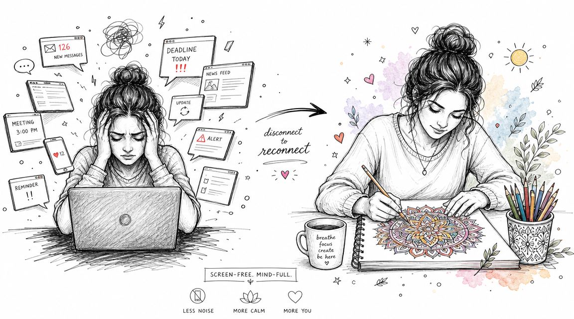 A split illustration comparing a stressed person using a laptop with a calm person coloring a mandala.