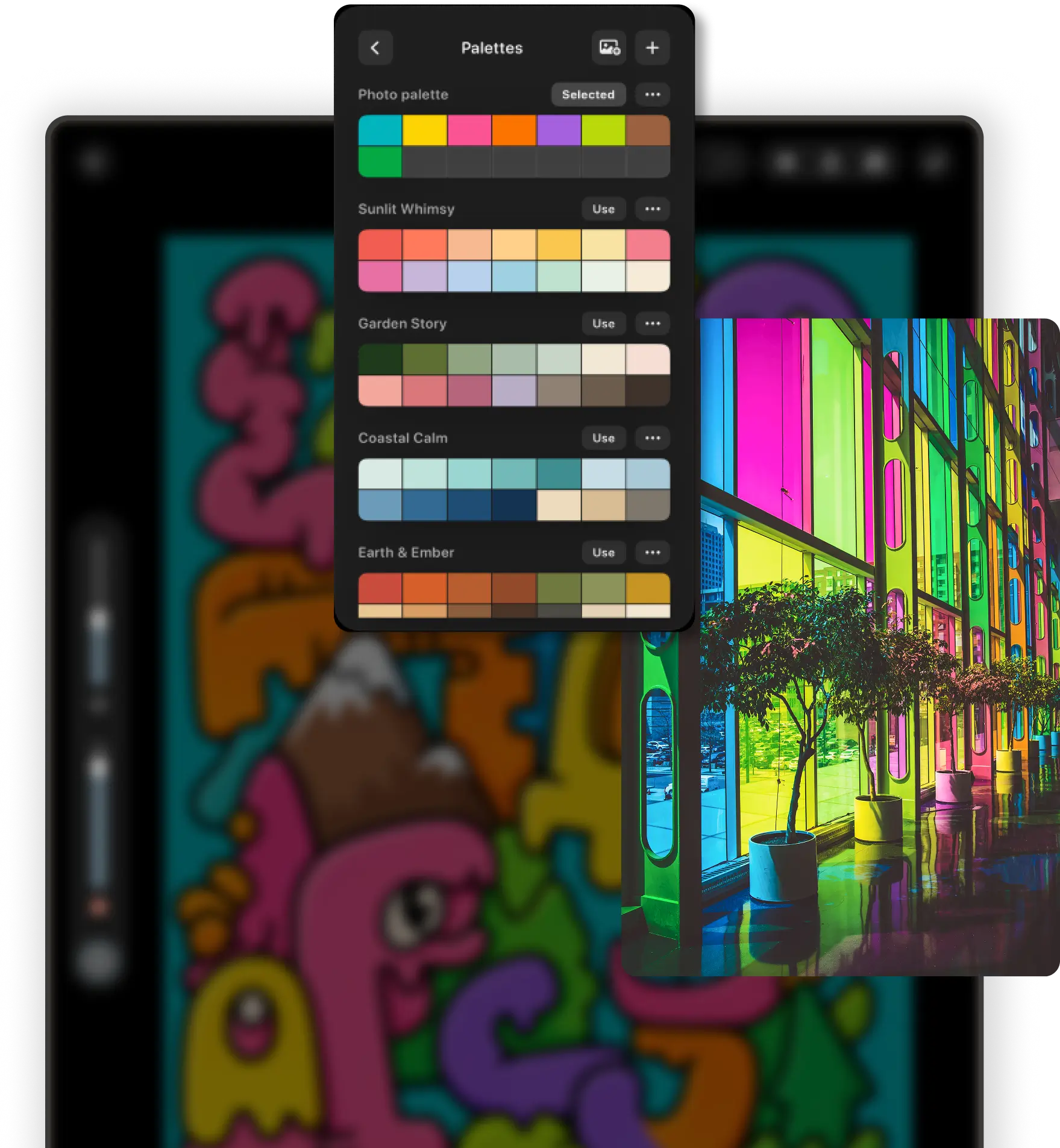 pau. palette manager and a photo-derived color palette over artwork on iPad.