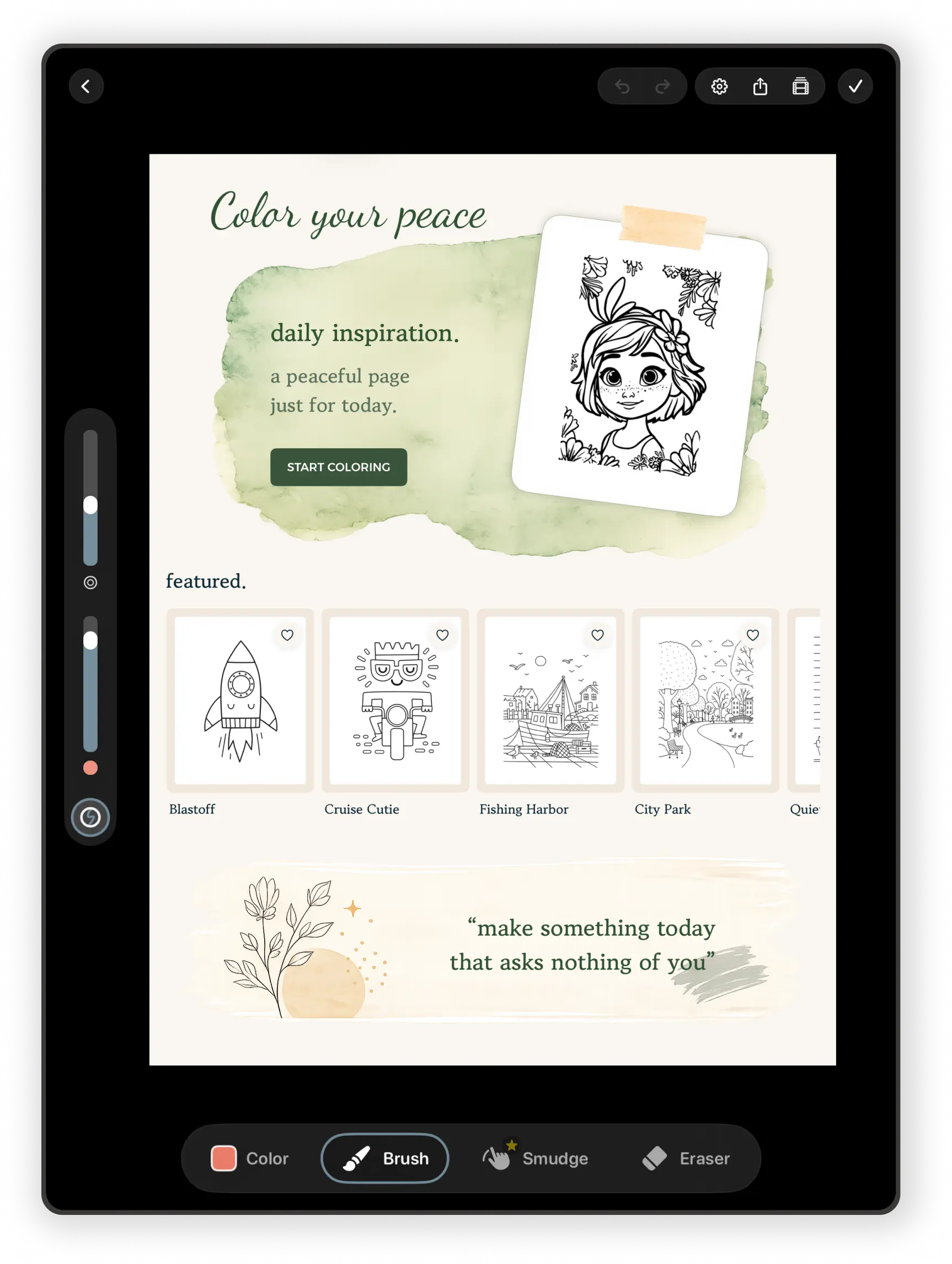 pau. home workspace showing daily inspiration, featured coloring pages, and drawing tools on iPad.