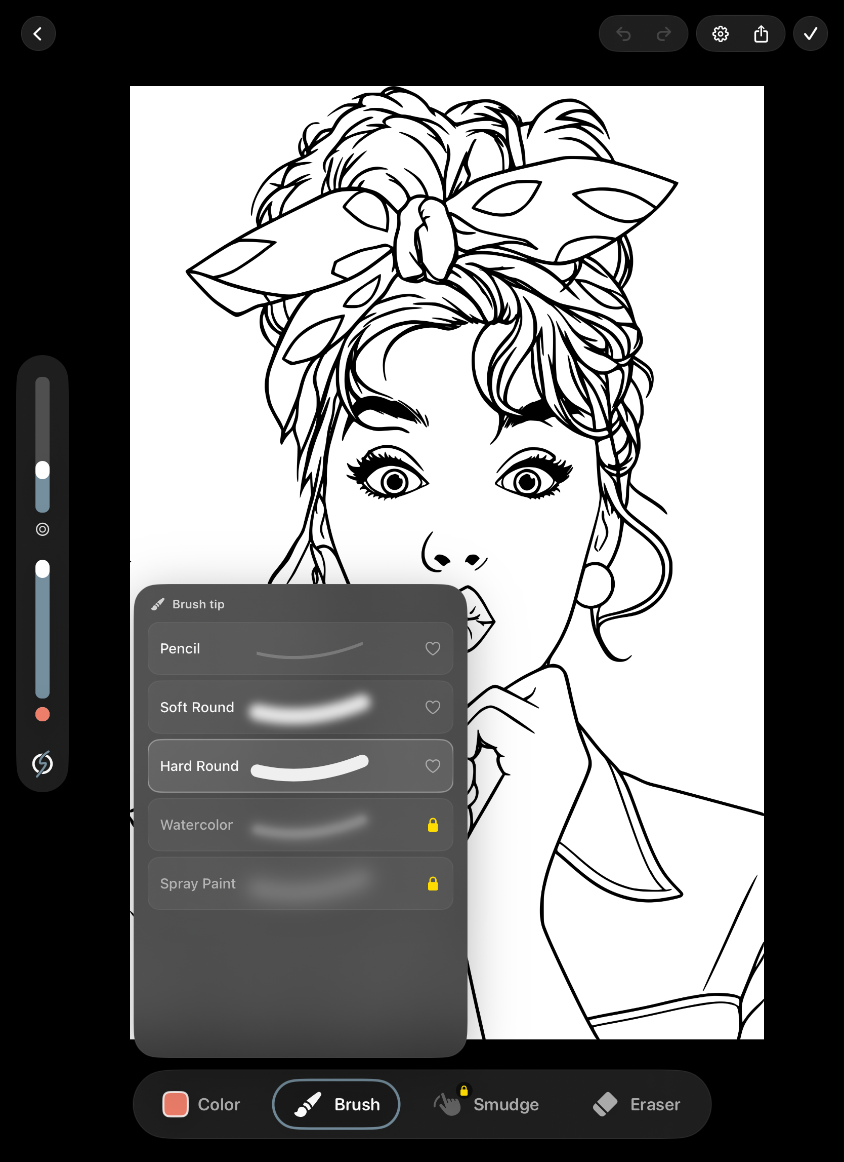 pau. coloring canvas with line art, brush toolbar, color palette and watercolor strokes.