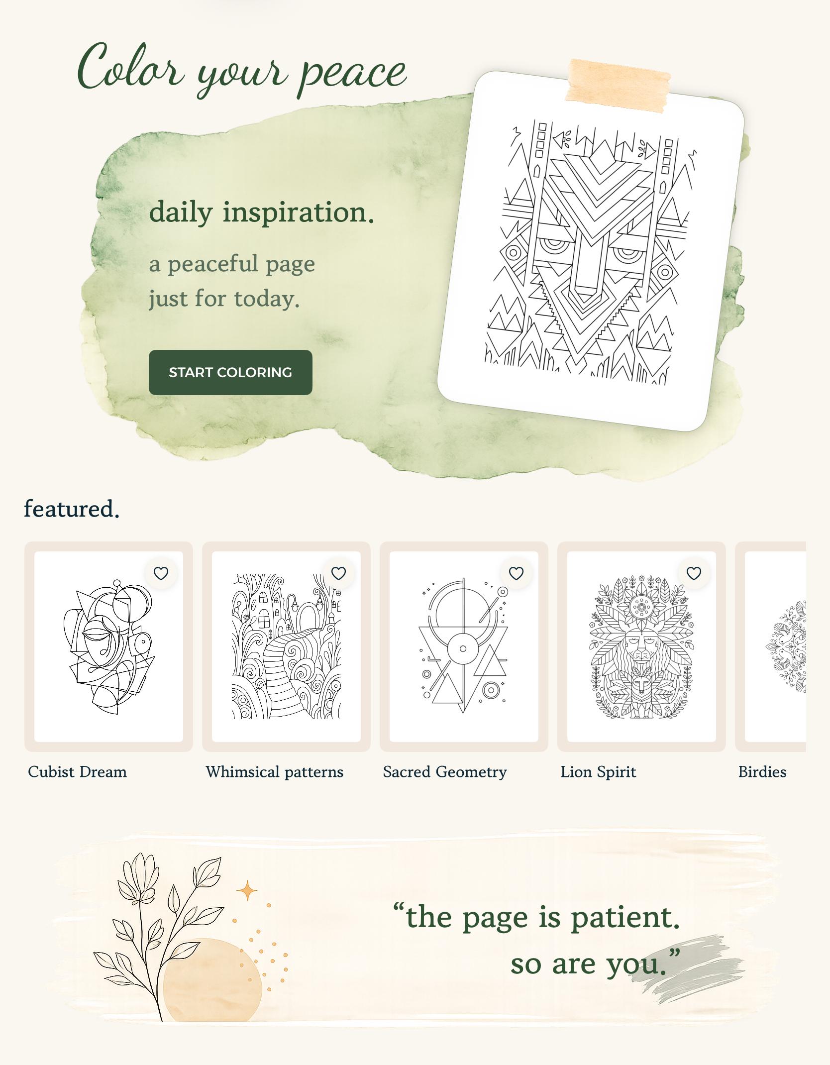 pau. app home screen showing 'Color your peace' daily inspiration card, featured coloring pages and a quote.