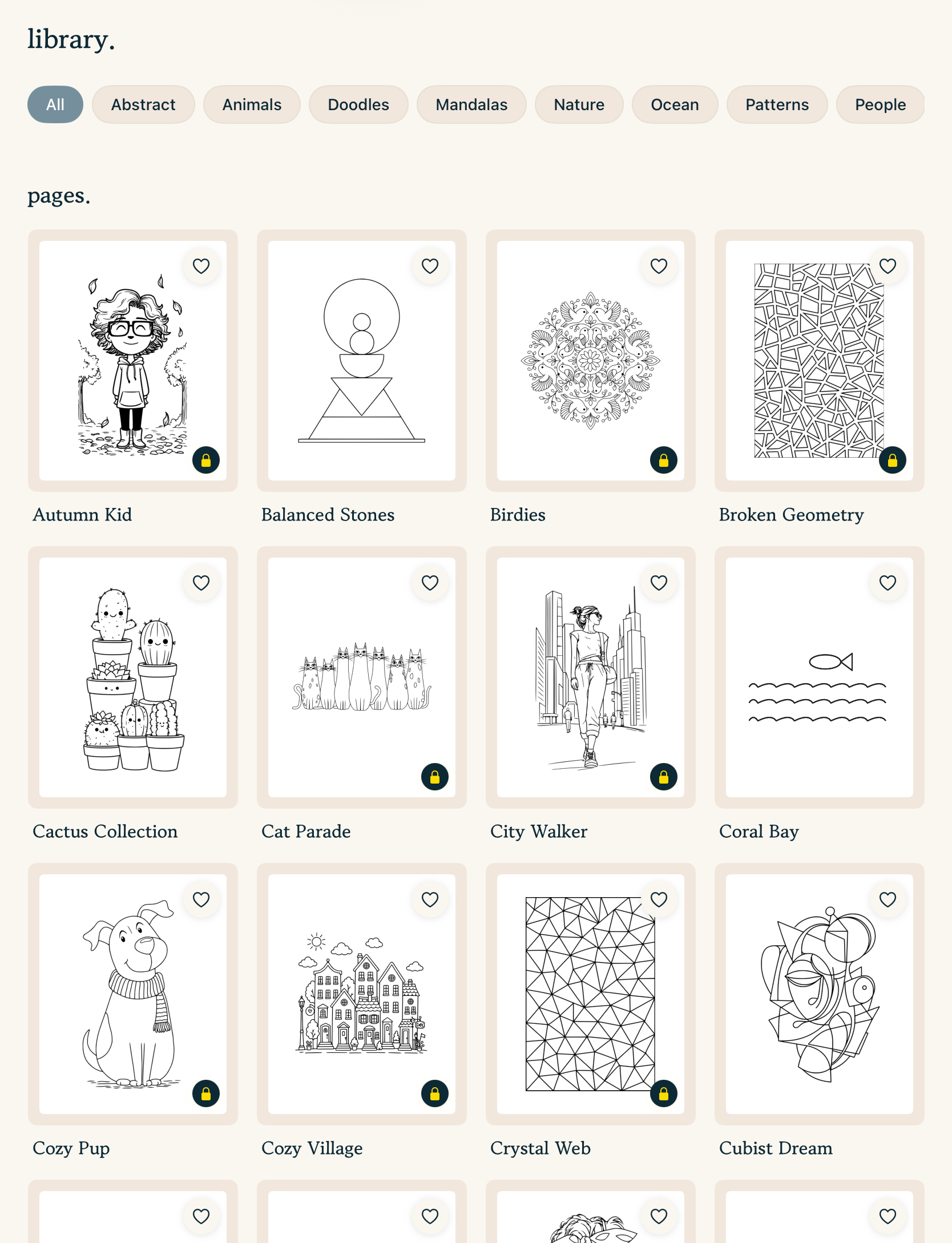 pau. library with themed books, page thumbnails, favorites hearts and continue row.