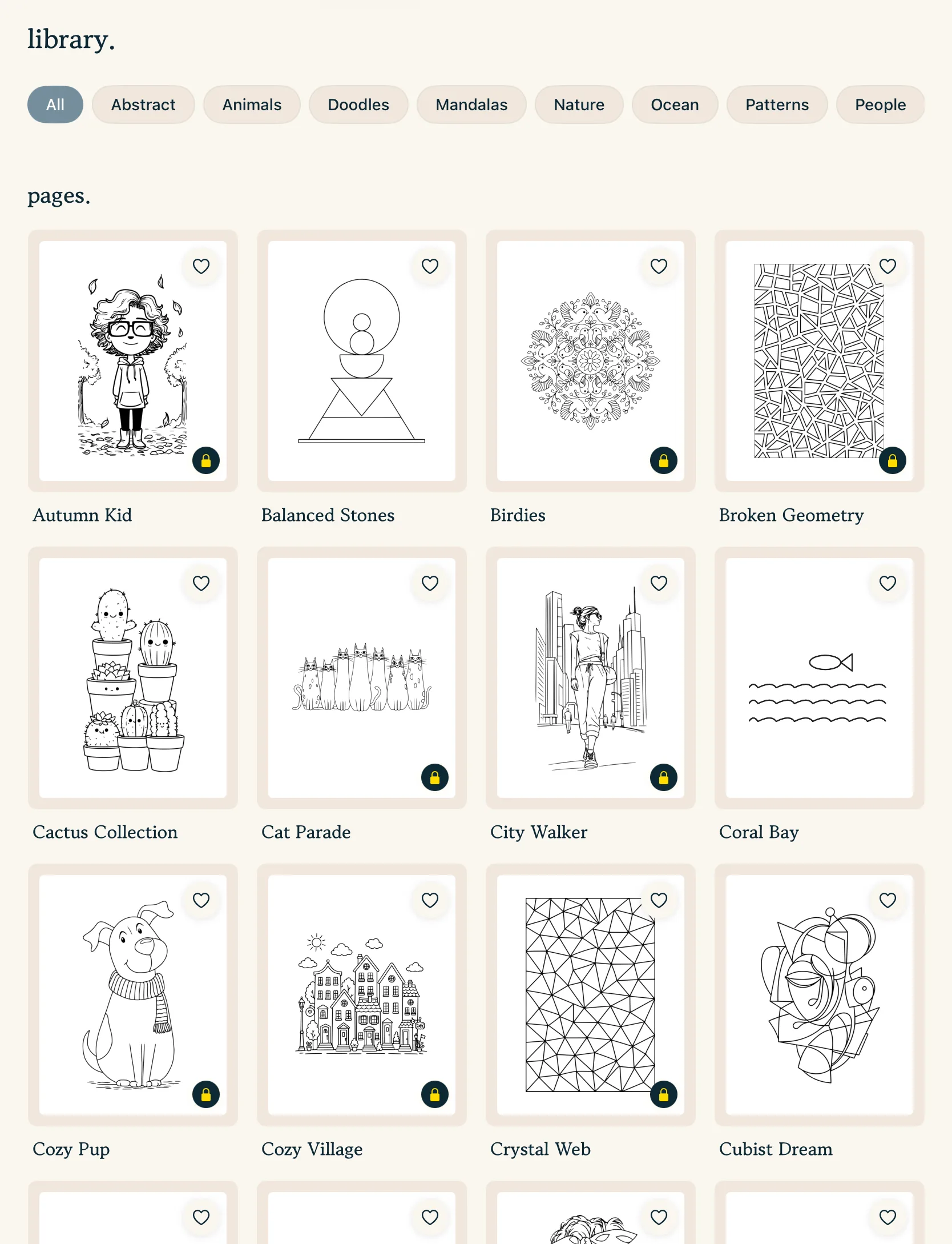 pau. library on iPad showing themed digital coloring books and page thumbnails