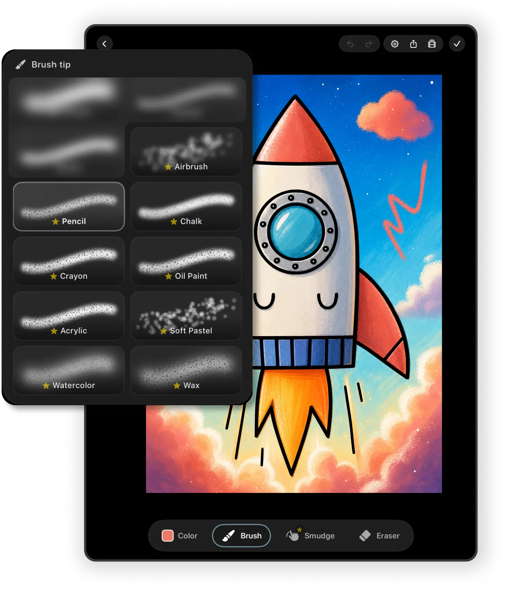 pau. Premium brush picker over a colorful rocket illustration on iPad.