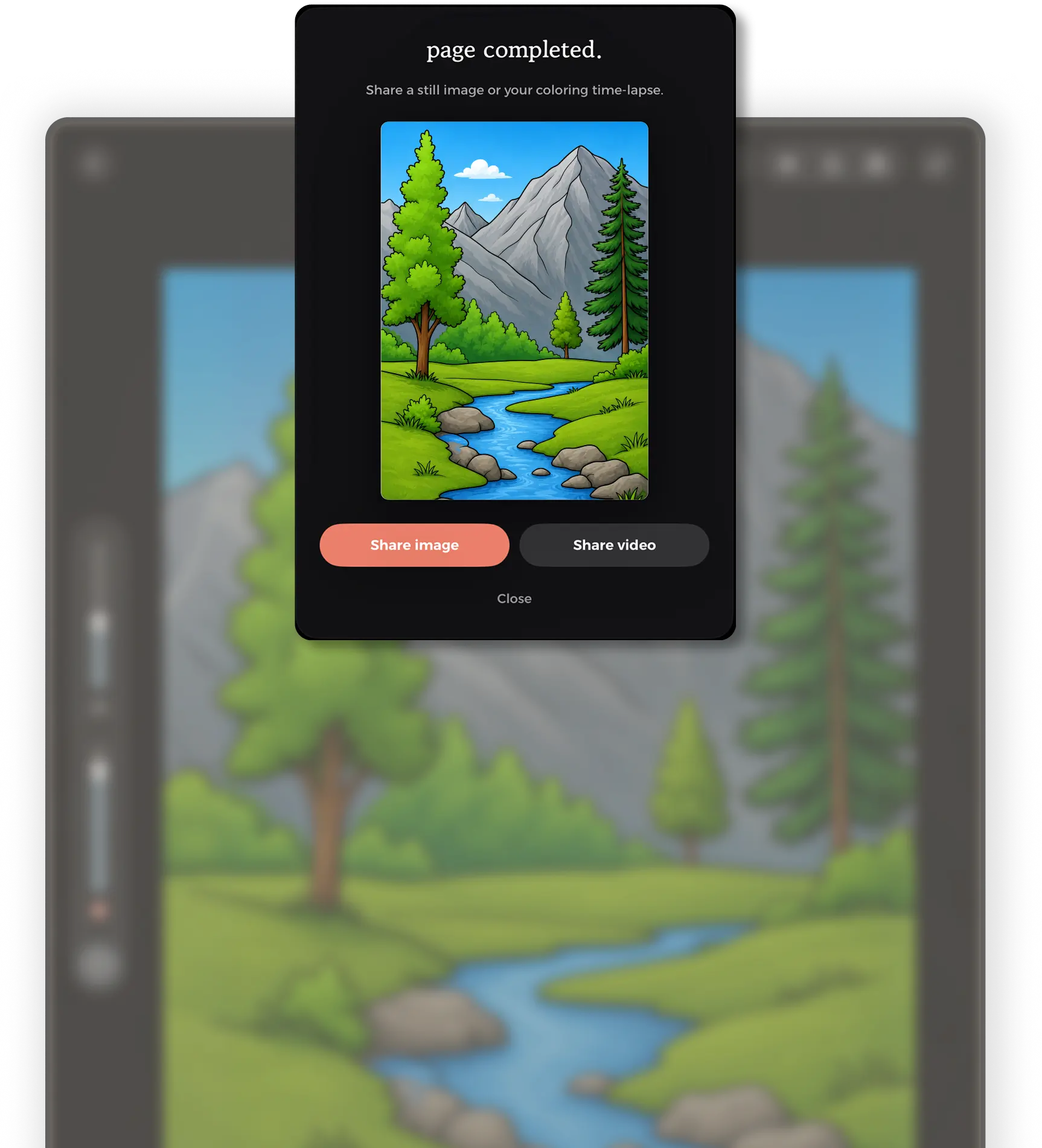 pau. page-completed screen with still-image and coloring time-lapse sharing options.