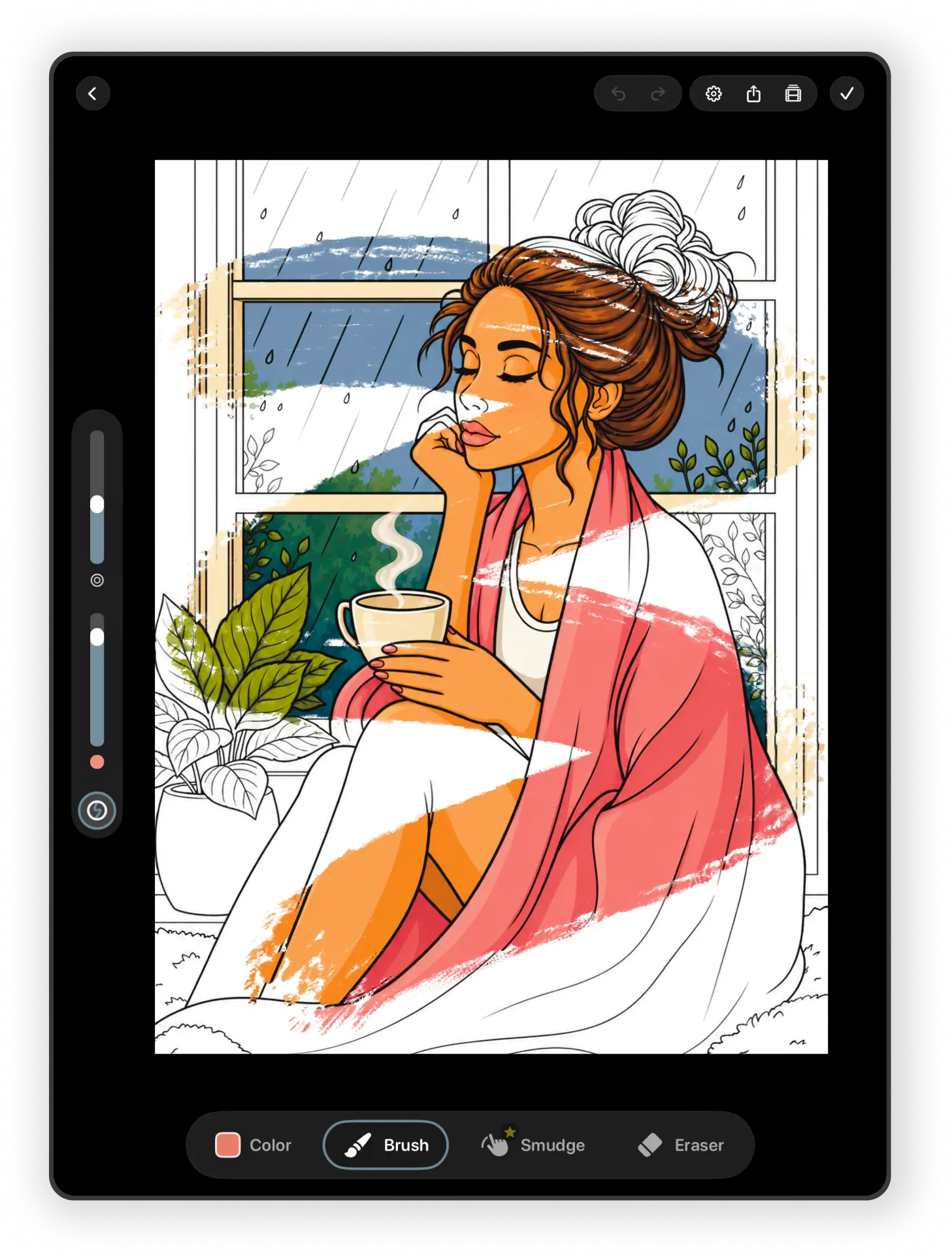 pau. coloring workspace on iPad showing a partially colored rainy-day illustration and drawing tools.